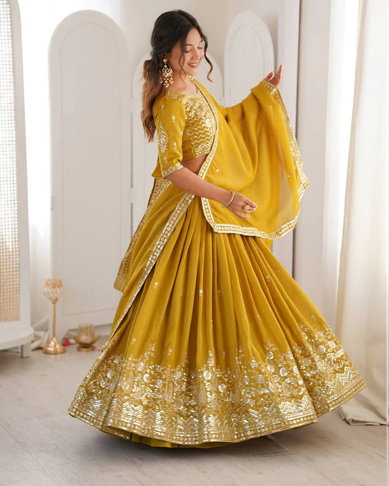 Womenline Yellow Color Shimmer Silk Lehenga Choli