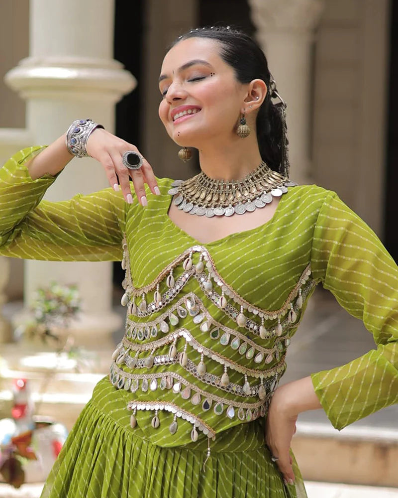 Womenline Parrot Green Color Soft Georgette Navratri Lehenga Choli