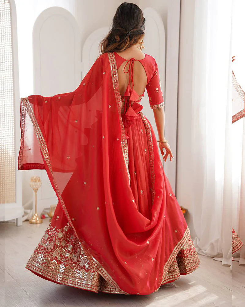 Womenline Orange Color Shimmer Silk Lehenga Choli
