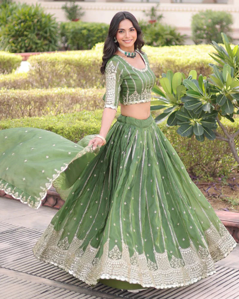 Womenline Mehndi Green Color Gold Crush Embroidered Lehenga Choli