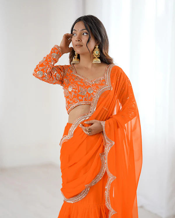 Womenline Orange Color Faux Georgette Ruffle Lehenga Saree