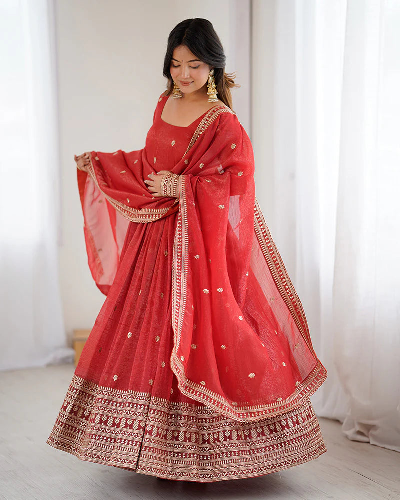 Womenline Rust Color Crunchy Silk Embroidered Gown