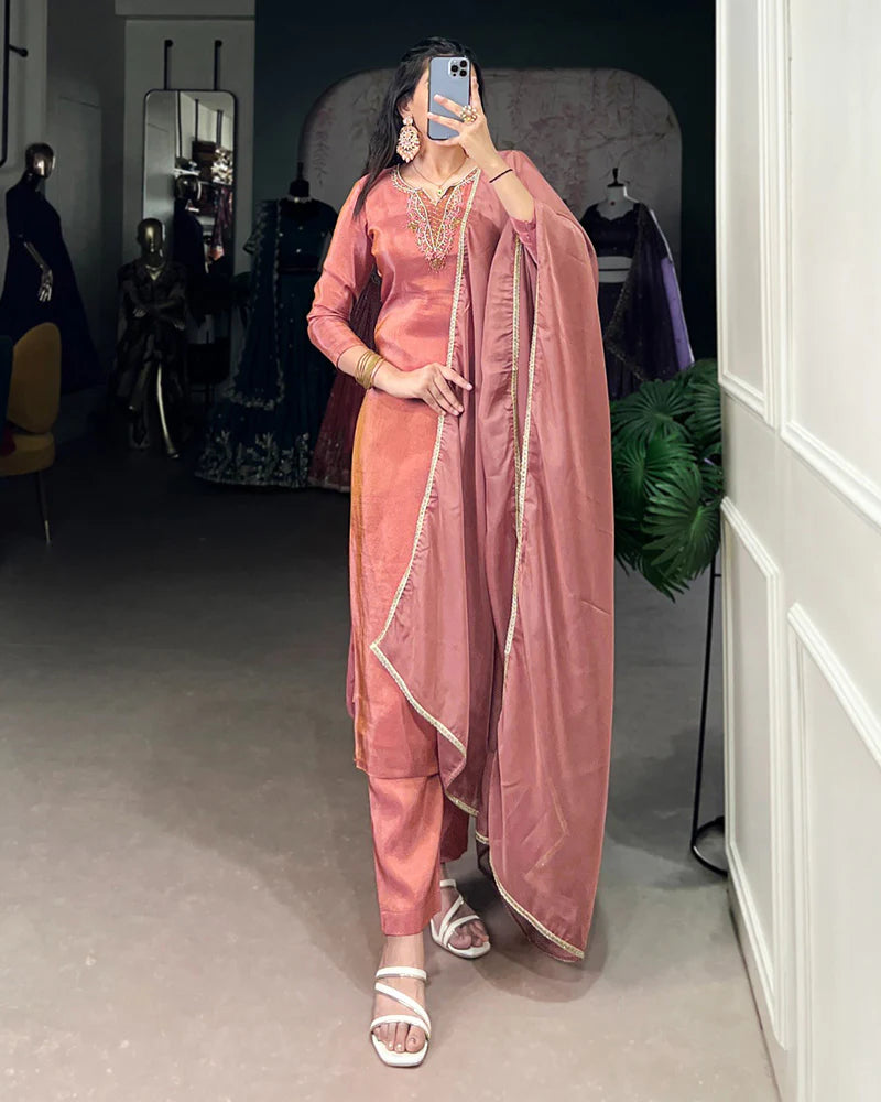 Womenline Peach Color Viscose Tissue Three Piece Kurti Suit