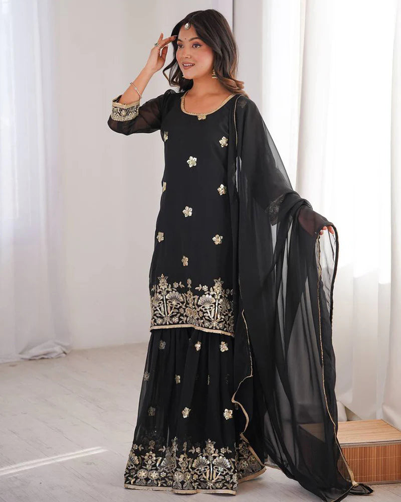 Womenline Black Color Soft Georgette Embroidered Sharara Suit