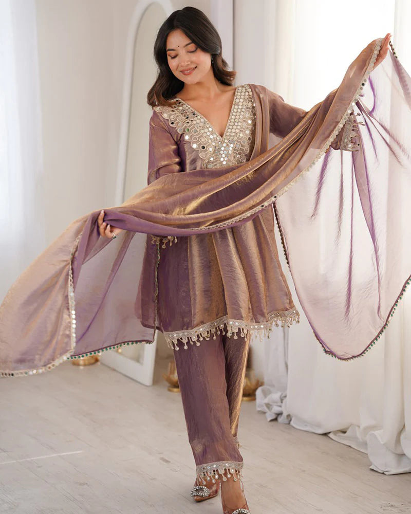 Womenline Purple Color Fendi Silk Embroidered Plazzo Suit