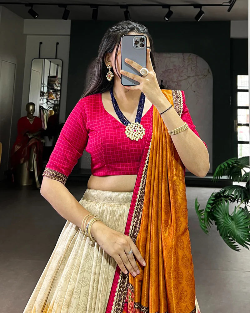 Womenline Red Color Tasar Silk Dye Printed Lehenga Choli