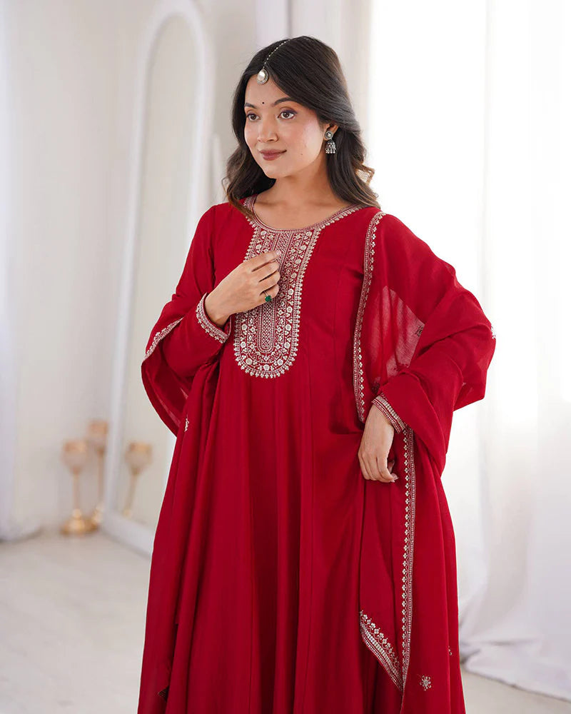 Womenline Dark Red Color Vichitra Silk Embroidered Gown