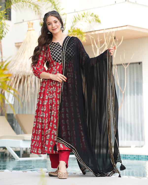 Womenline Red And Black Color Printed Pure Cotton Anarkali Suit