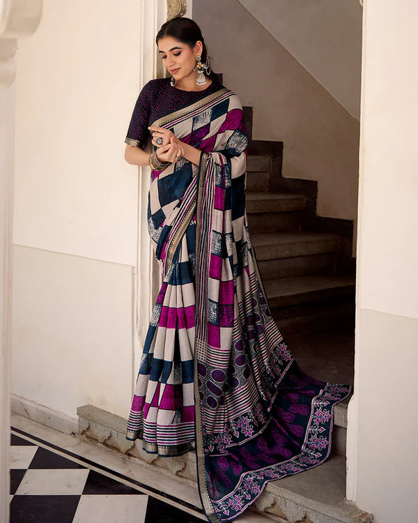 Womenline Navy Blue Color Polyester Chanderi Printed Saree