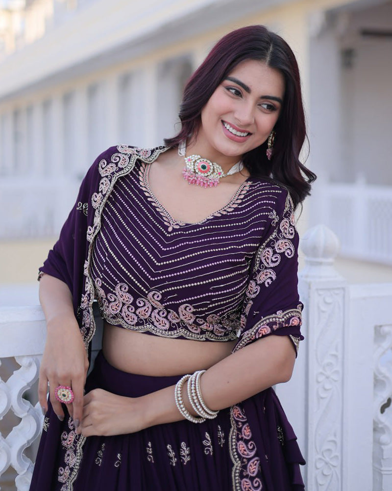 Womenline Royal Purple Color Blooming Embroidered Lehenga Choli