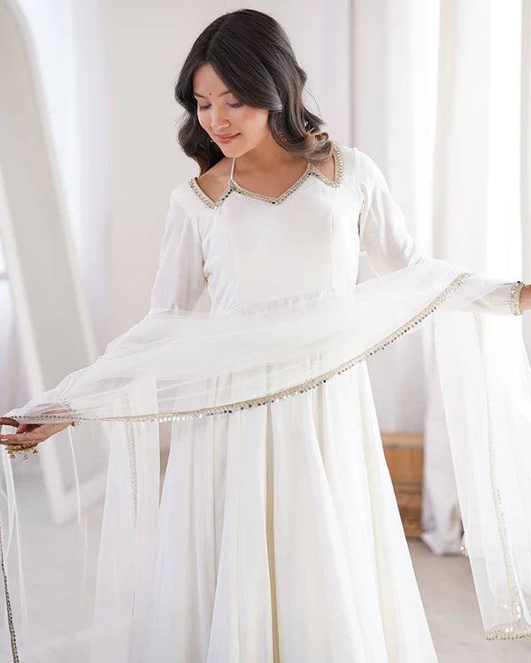 Womenline White Color Chanderi Roman Silk Three Piece Anarkali Suit