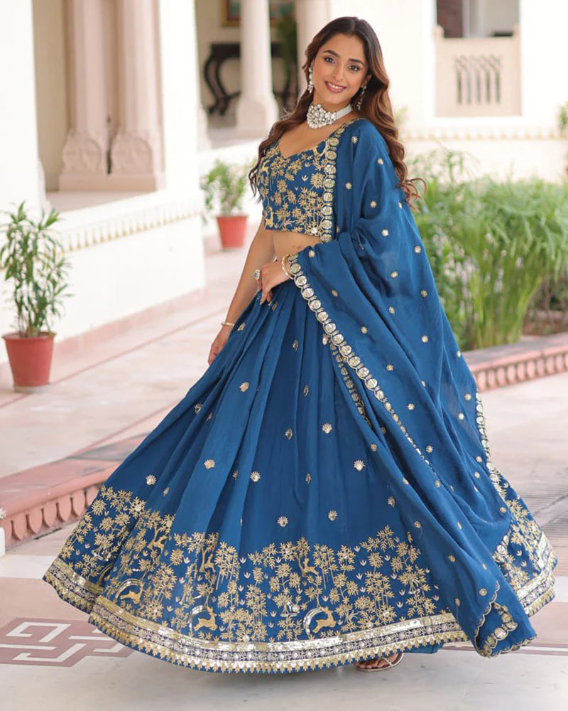 Womenline Peacock Blue Color Vichitra Silk Sequence Embroidered Lehenga Choli