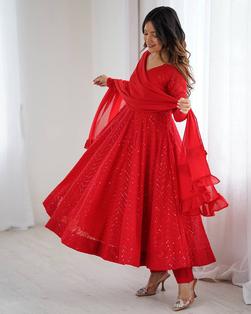 Womenline Designer Red Color Georgette Lucknowi Three Piece Anarkali Suit