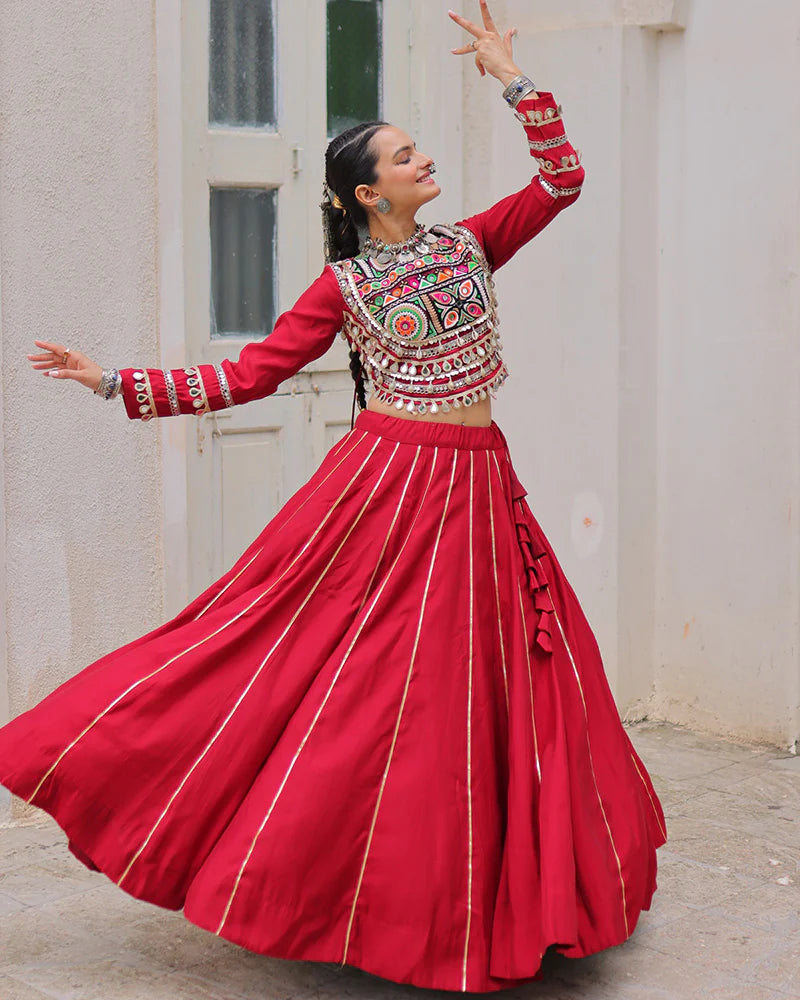 Womenline Maroon Color Roman Silk Navratri Lehenga Choli