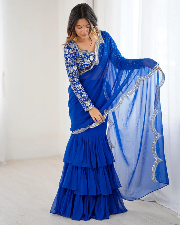 Womenline Blue Color Faux Georgette Ruffle Lehenga Saree
