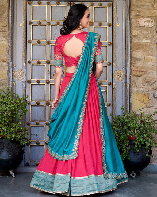 Womenline Pink Color Vichitra Silk Sequins Half Saree