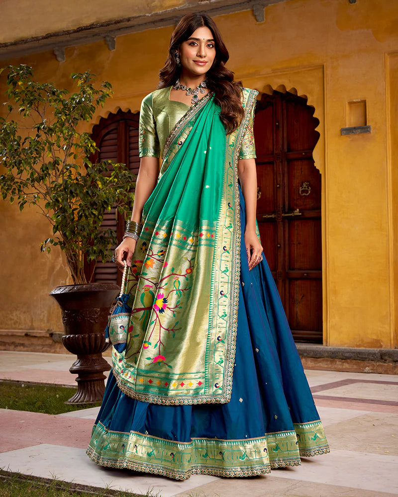 Womenline Navy Blue Color Soft Silk Paithani Lehenga Choli
