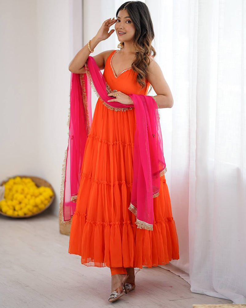 Womenline Orange Color Georgette Chiffon Three Piece Anarkali Suit