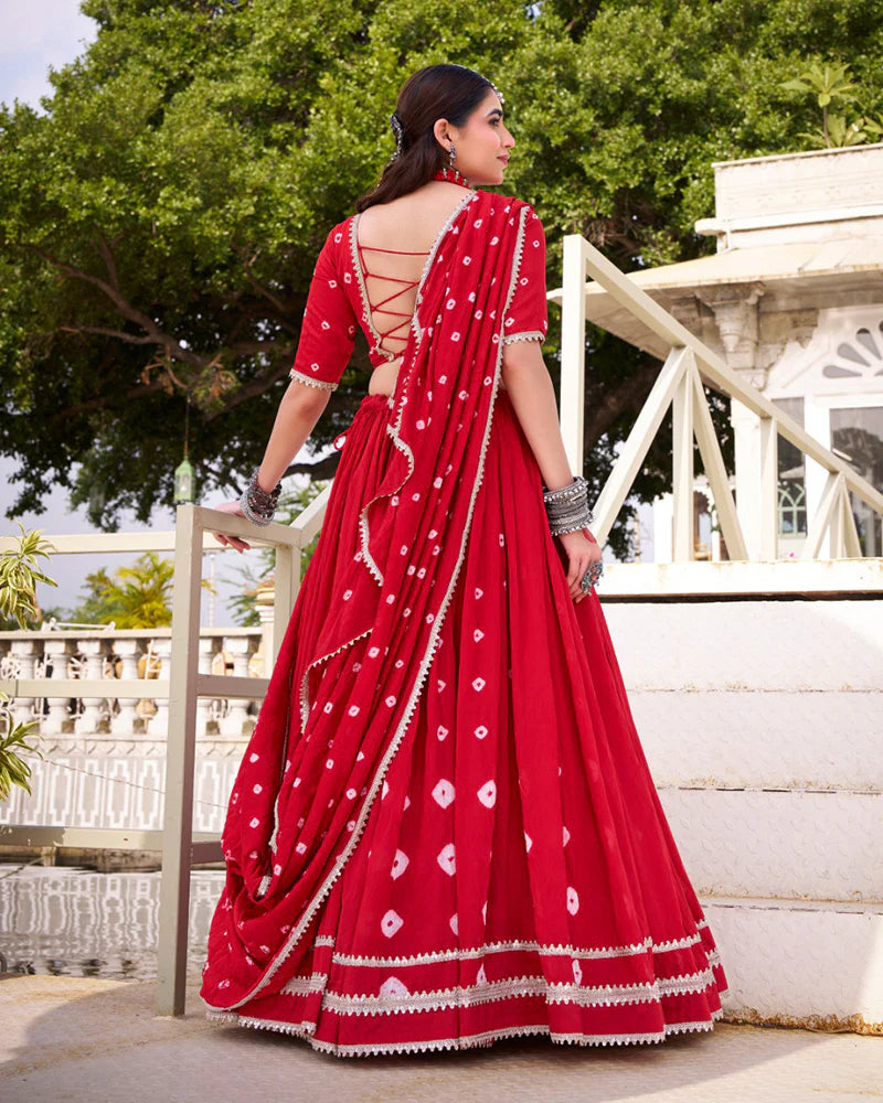 Womenline Red Color Pure Chanderi Plain Navratri Lehenga choli