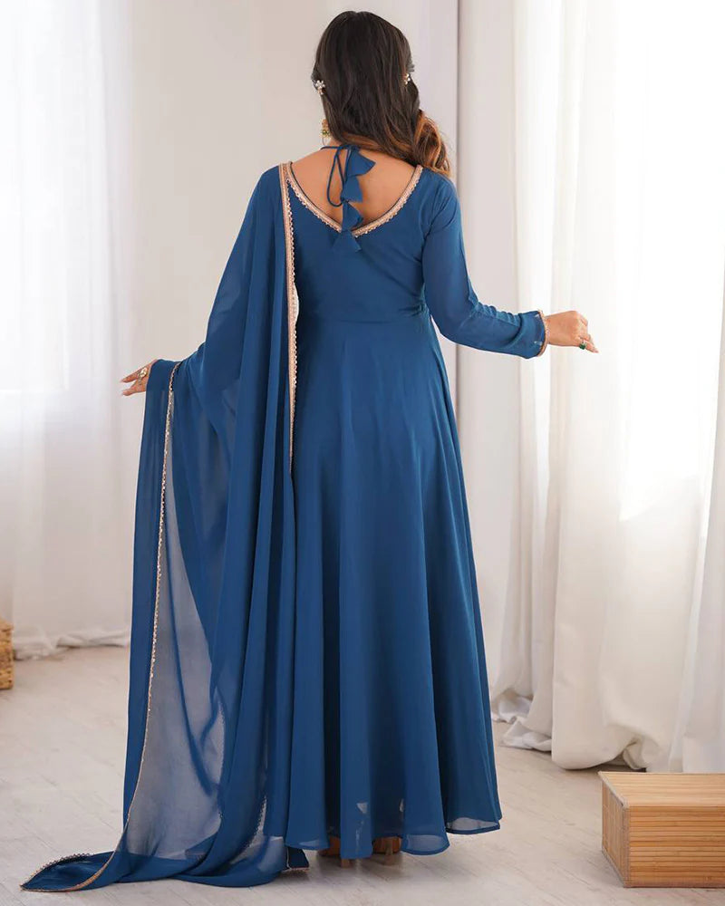 Womenline Teal Blue Color Pure Blooming Georgette Anarkali Gown