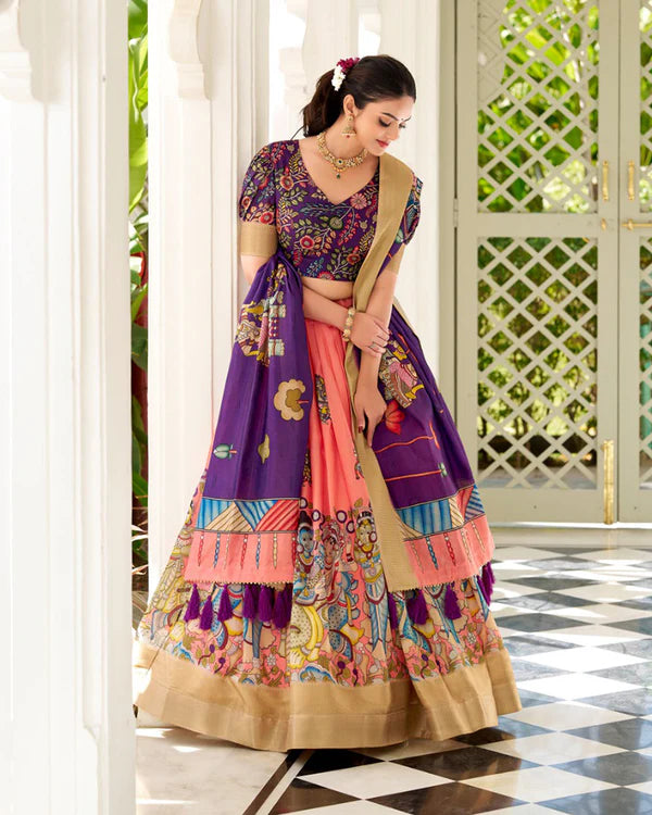Womenline Peach Color Dola Silk Designer Kalamkari Print Half Saree