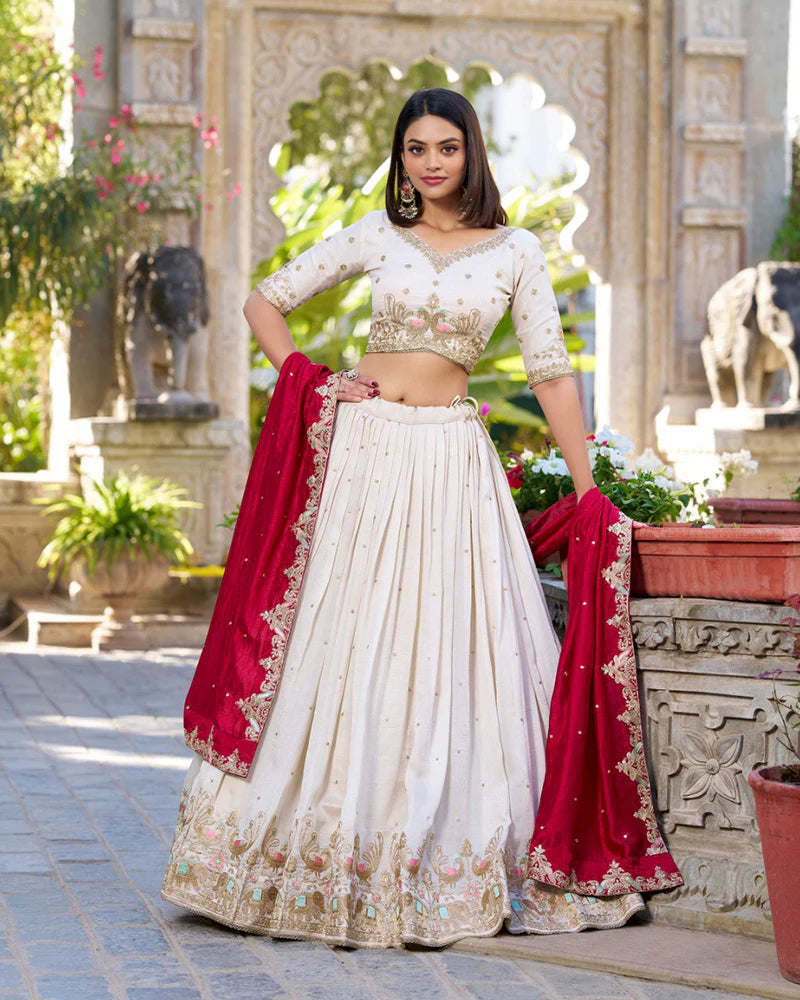 Womenline Off-White Color Vichitra Silk Thread Embroidered Lehenga Choli