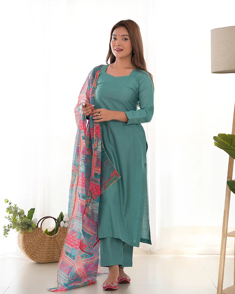 Womenline Sea Green Color Viscose Ready To wear Three Piece Kurti Suit