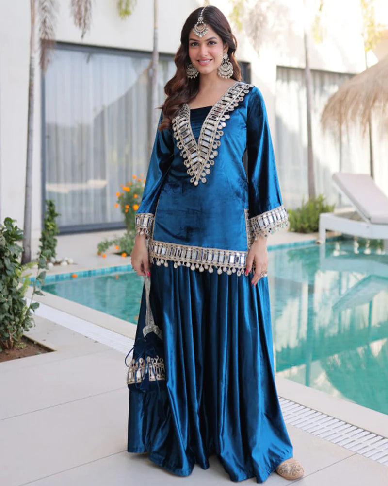 Womenline Peacock Blue Color Ice Velvet Embroidered Plazzo Suit