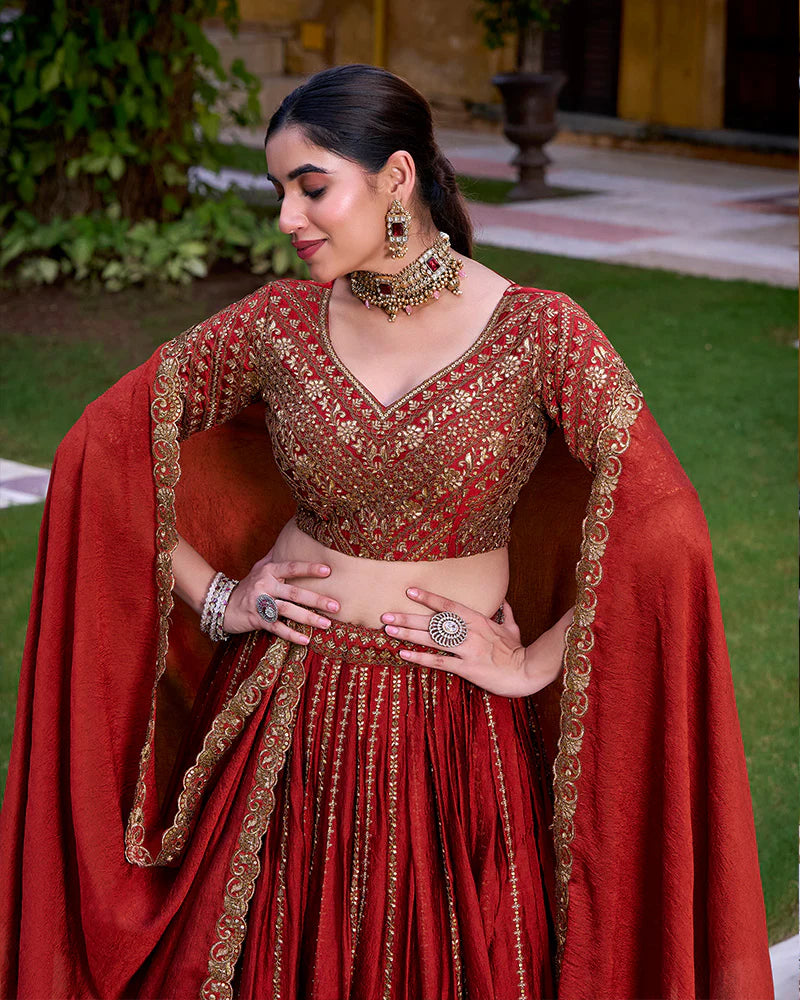 Womenline Rust Orange Color Rangoli Crush Embroidered Lehenga Choli