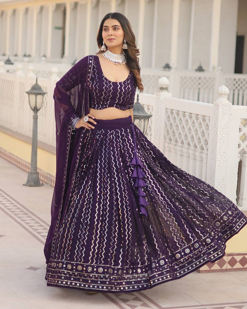 Womenline Wine Color Blooming Soft Georgette Heavy Embroidery Threaded Semi Stitched Lehenga Choli