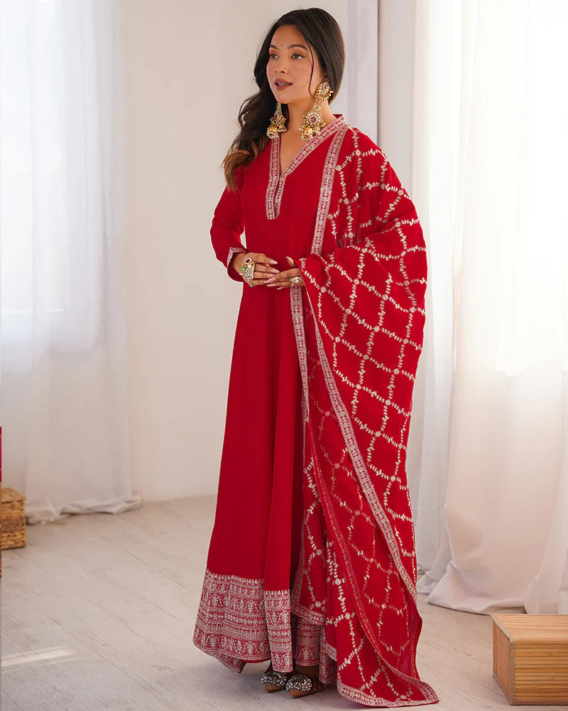 Womenline Red Color Vichitra Silk Embroidered Gown