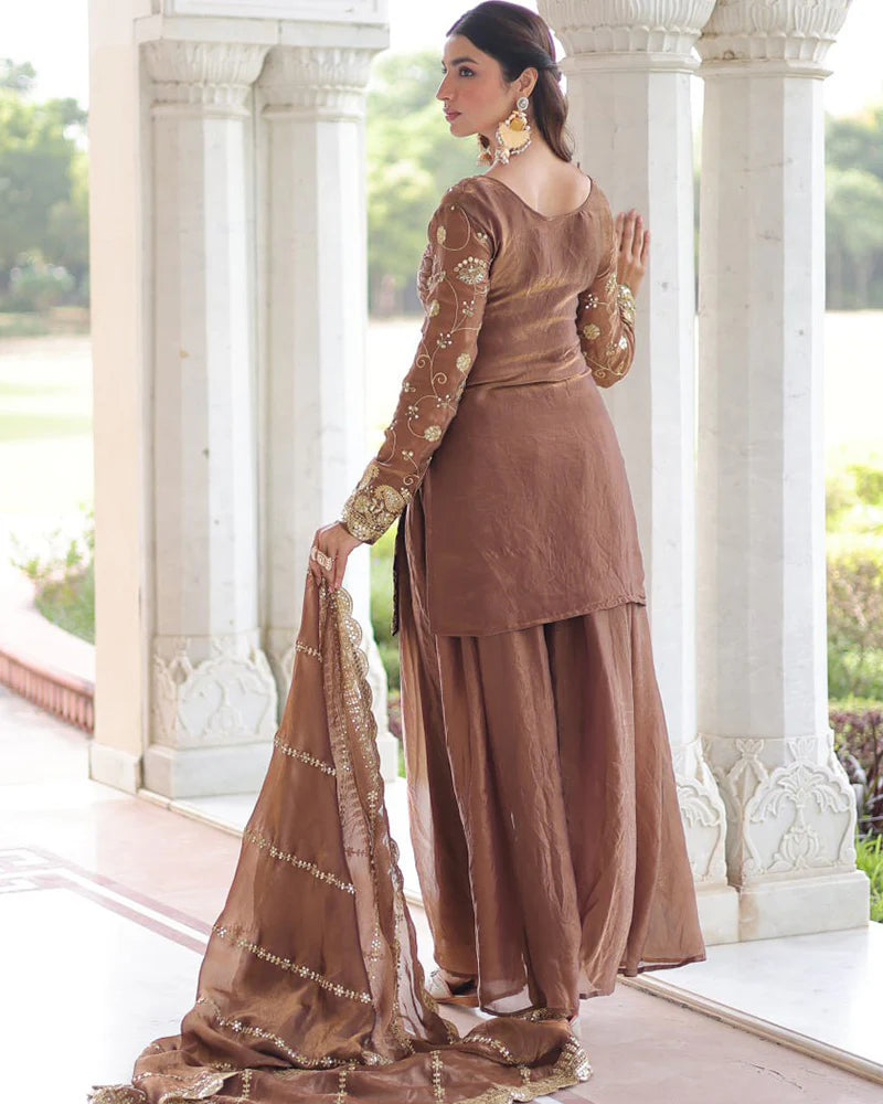 Womenline Coffee Color Fendi Silk Embroidered Sharara Suit