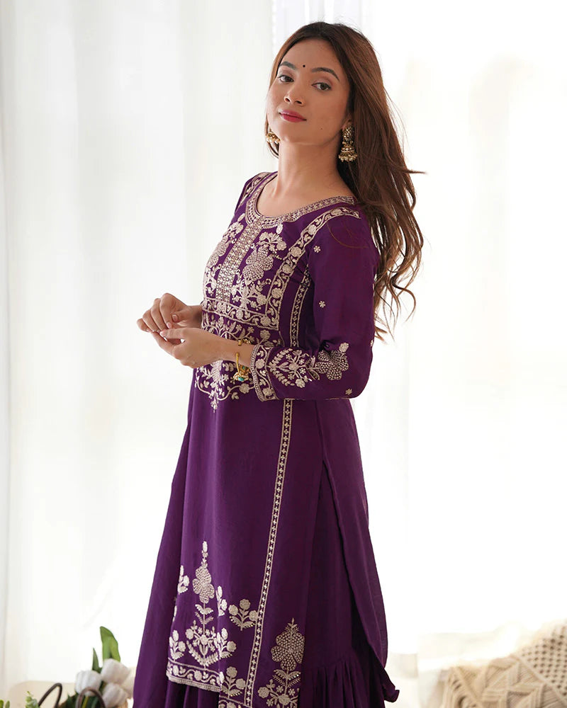 Womenline Wine Color Pure Chinon Silk Embroidered Plazzo Suit