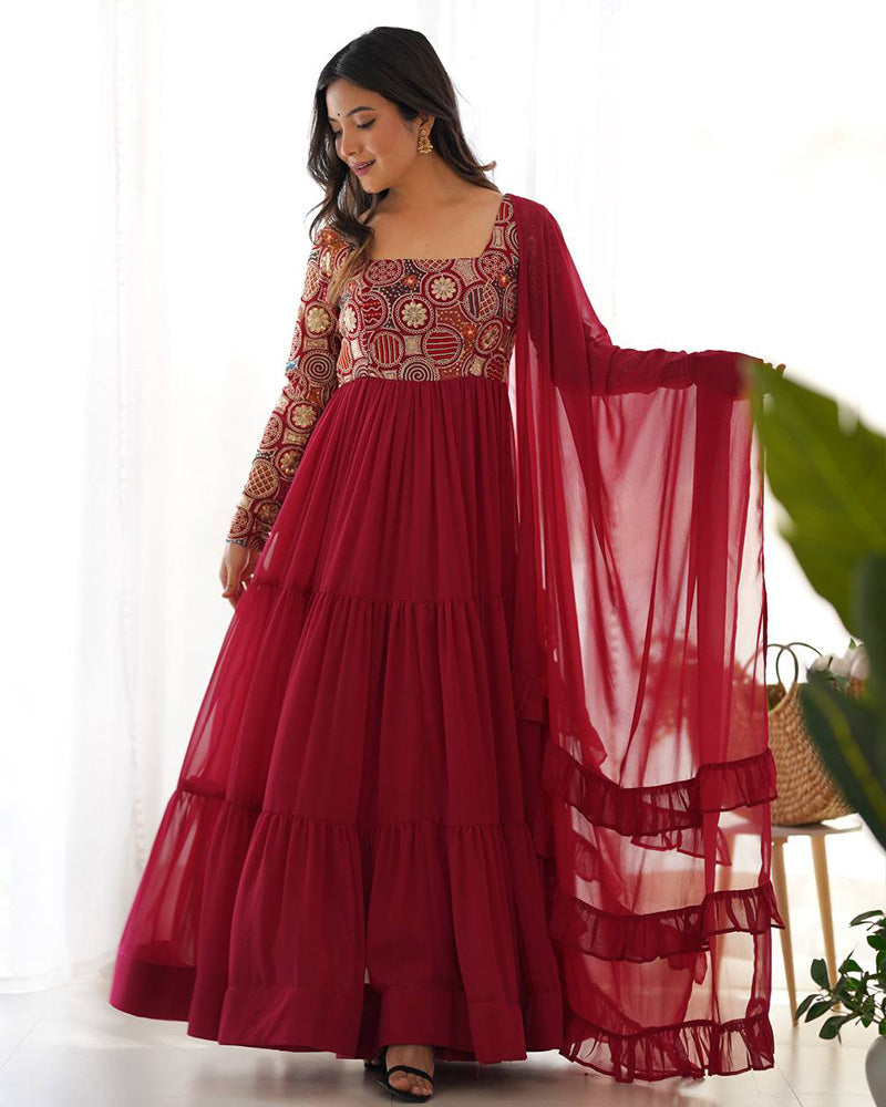 Womenline Maroon Color Soft Georgette Embroidered Anarkali Suit