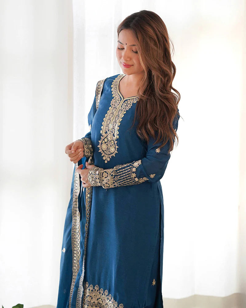 Womenline Morpich Color Pure Chinon Silk Three Piece Kurti Suit