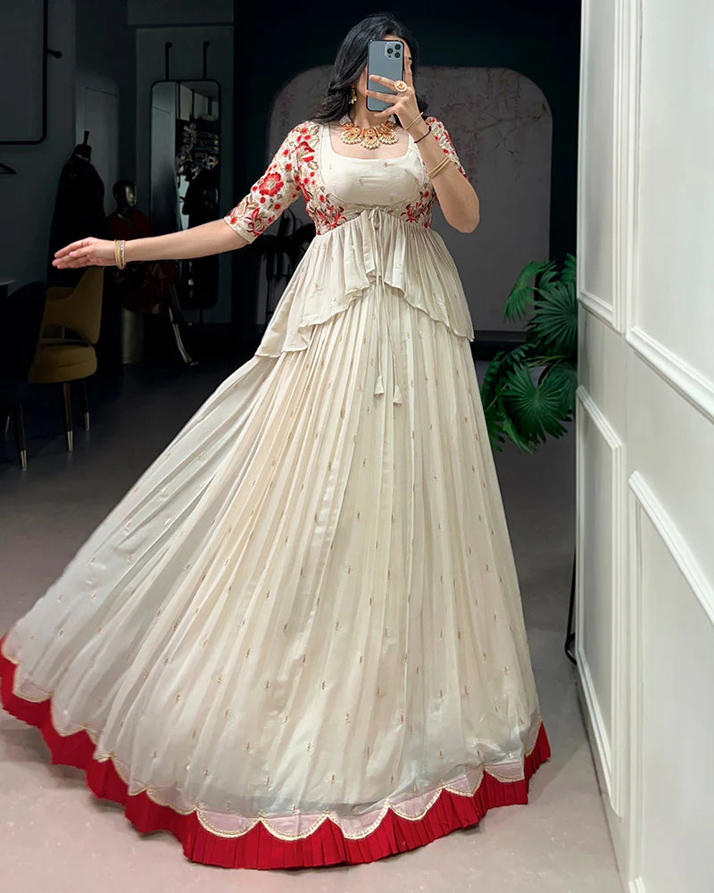 Womenline Off-White Color Chocolate Silk Embroidered Lehenga Choli