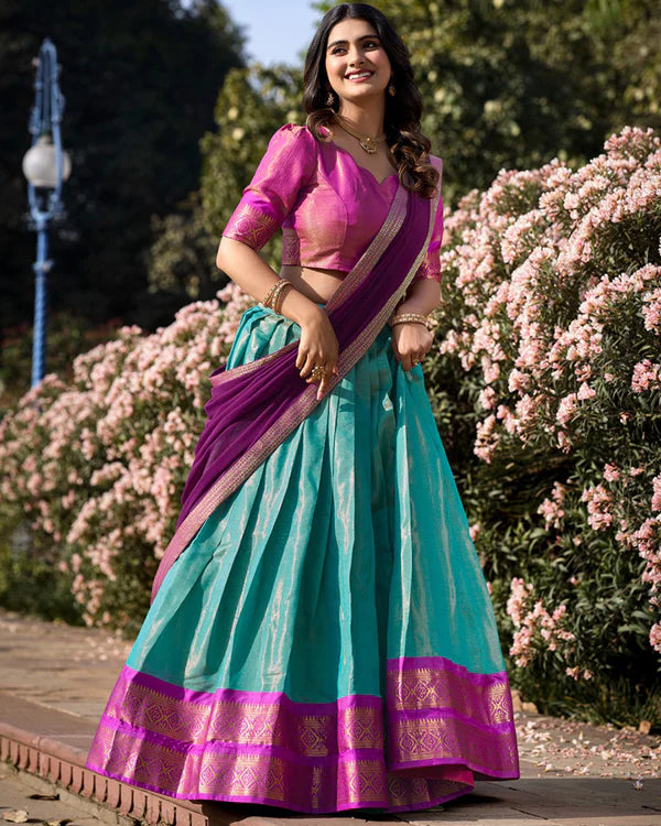 Womenline Sky Blue Color Kanchipuram Silk Designer Half Saree