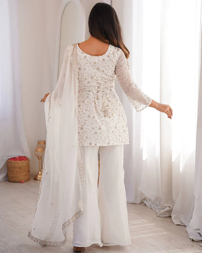 Womenline Off-White Color Crunchy Silk Embroidered Plazzo Suit
