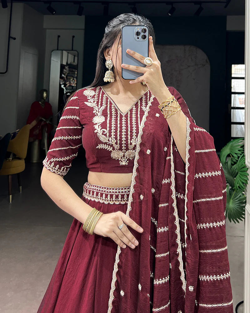 Womenline Maroon Color Rangoli Crush Embroidered Lehenga Choli