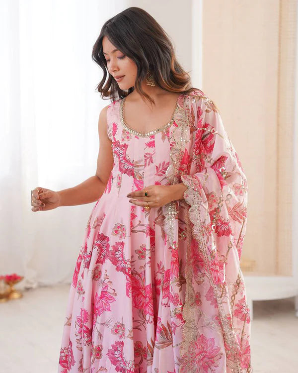 Womenline Baby Pink Color Pure Muslin Cotton Three Piece Anarkali Suit
