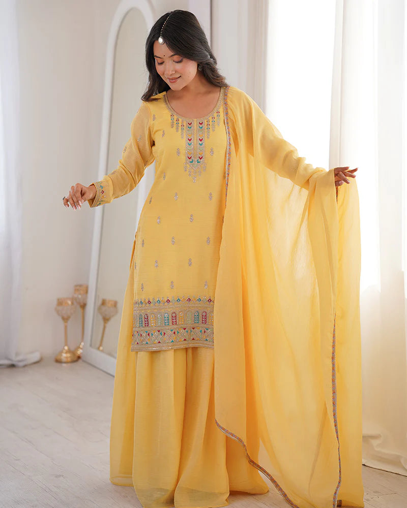 Womenline Yellow Color Crunchy Silk Embroidered Plazzo Suit