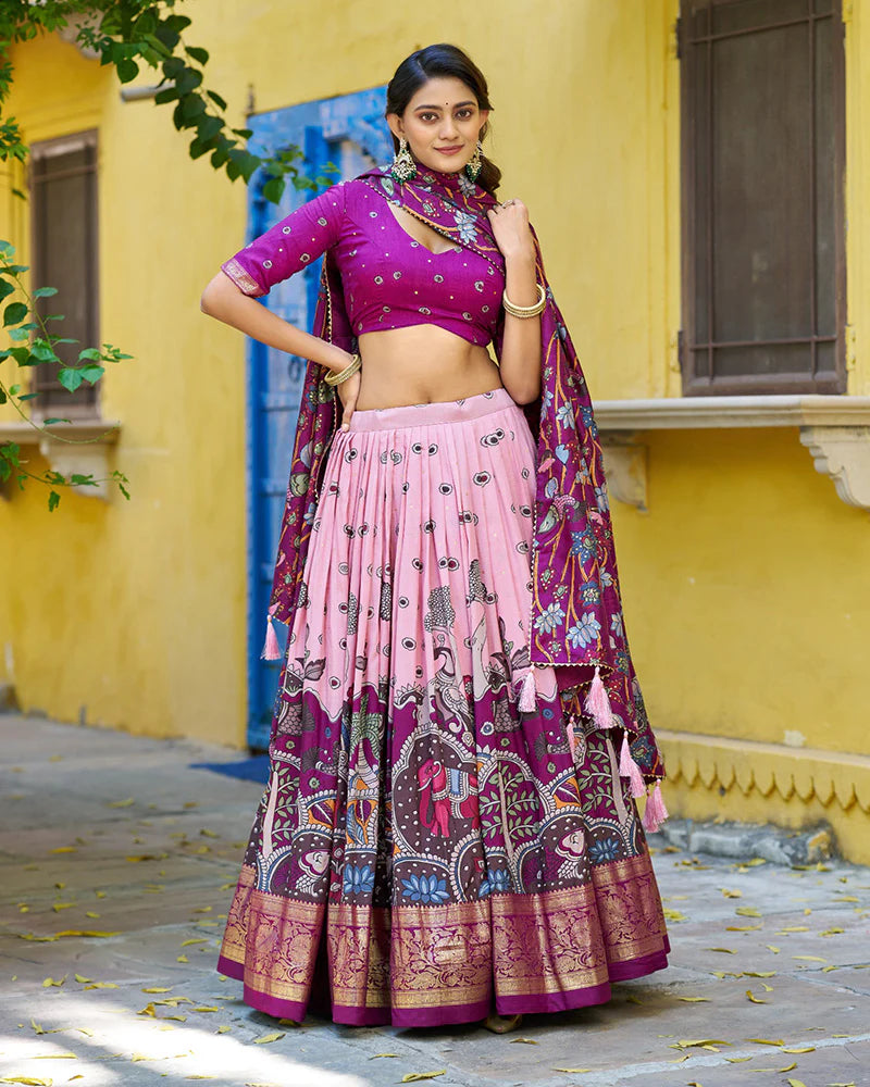 Womenline Light Pink Color Tussar Silk Kalamkari Printed Lehenga Choli