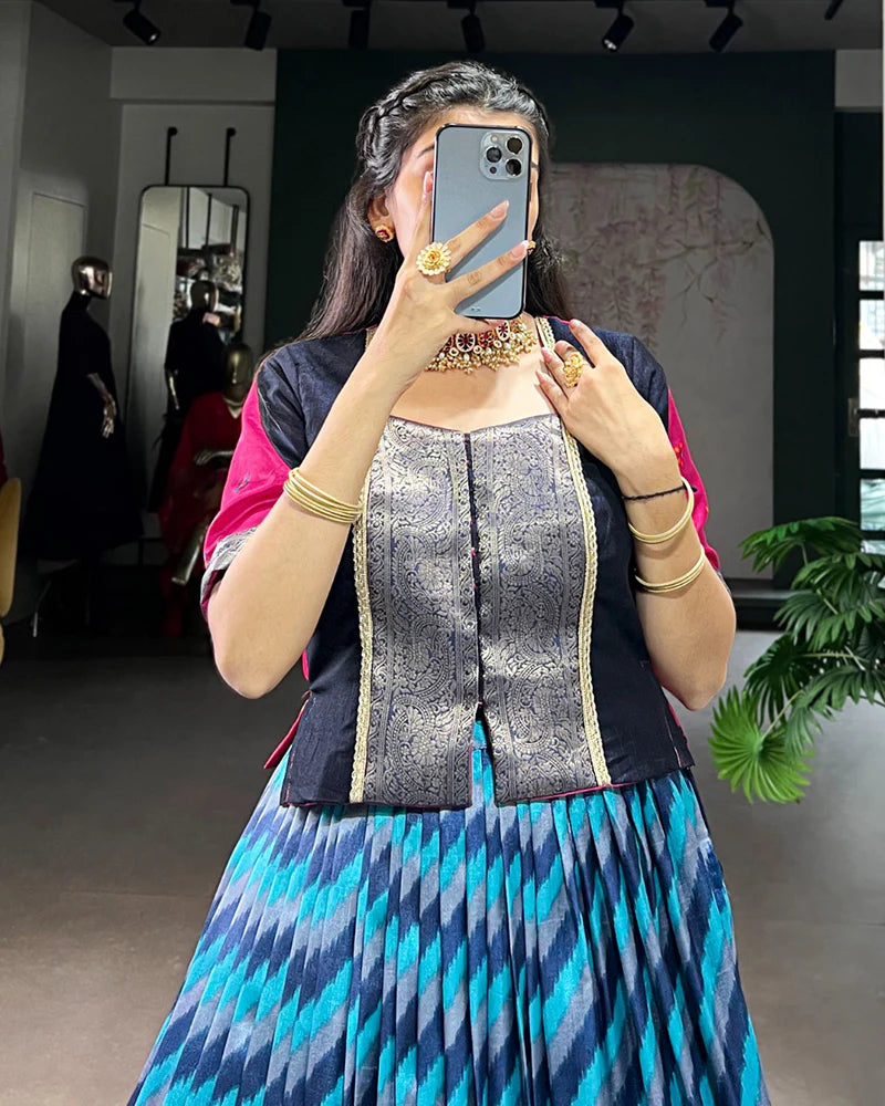 Womenline Firozi Color Tasar Silk Laheriya Printed Lehenga Choli