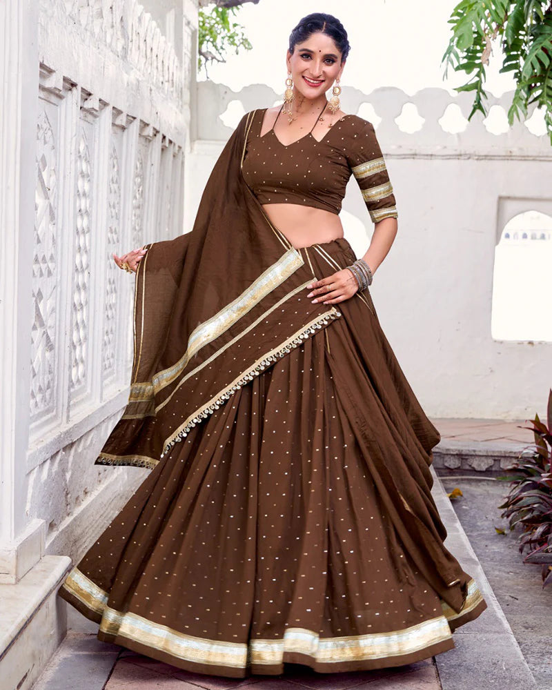 Womenline Classic Brown Color Pure Chanderi Navratri Lehenga Choli