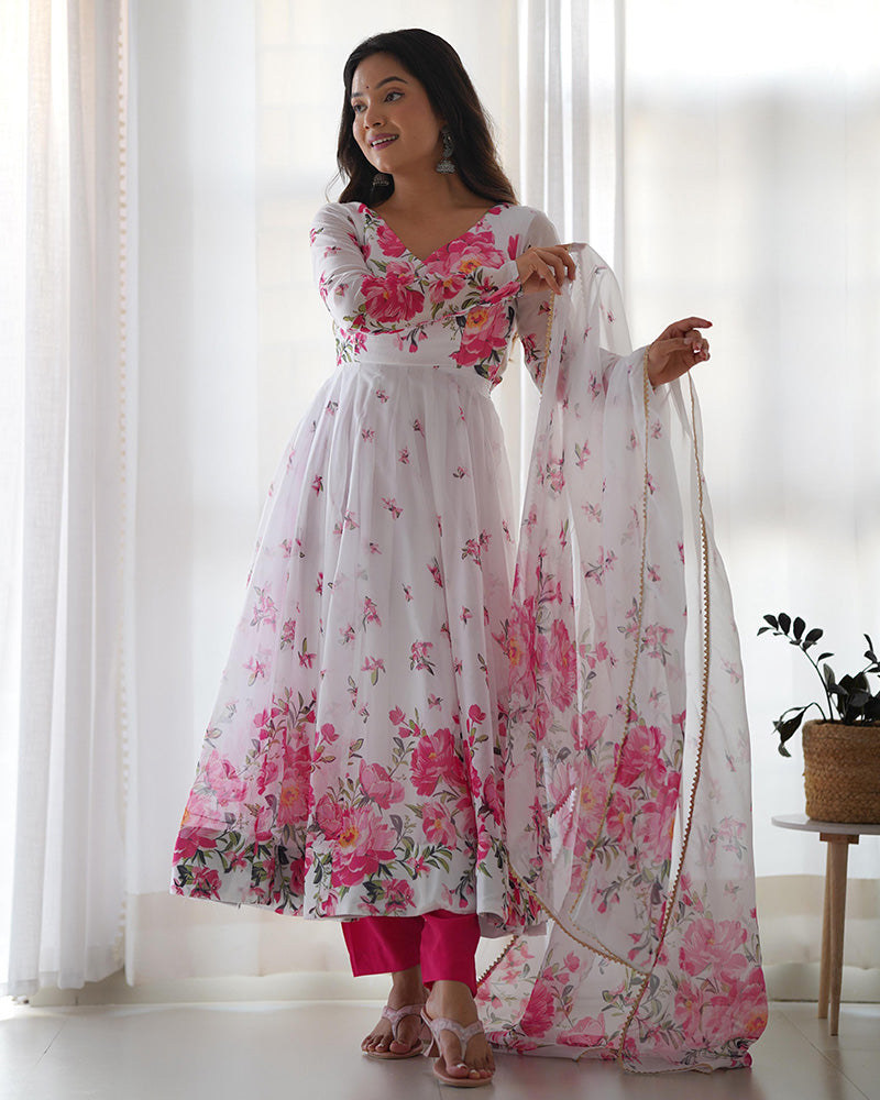 Womenline White Organza Silk Floral Print Three Piece Anarkali Suit