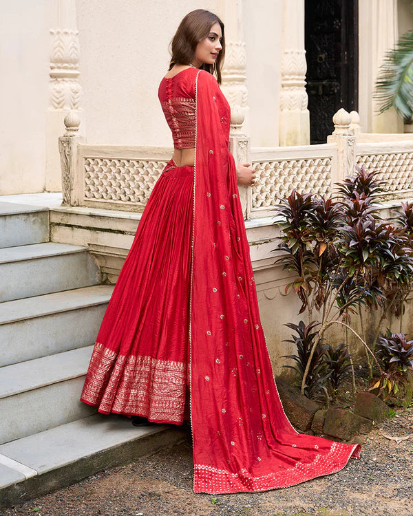 Womenline Red Color Pure Chanderi Plain Navratri Half Saree