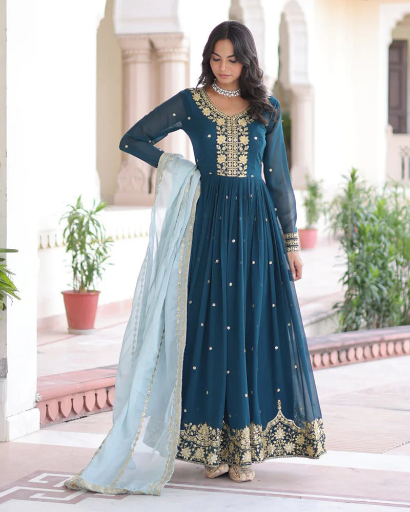 Womenline Peacock Blue Color Faux Blooming Embroidered Gown