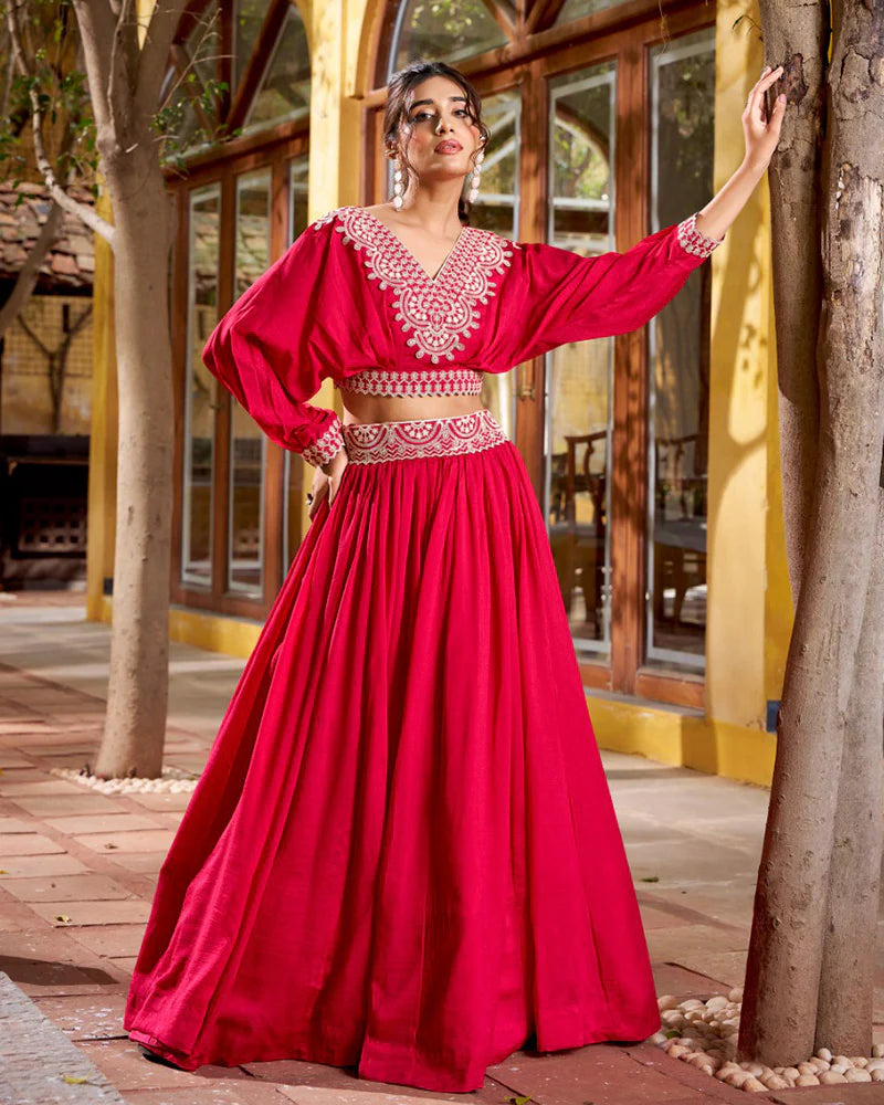 Womenline Rani Pink Color Vichitra Silk Embroidered Lehenga Choli