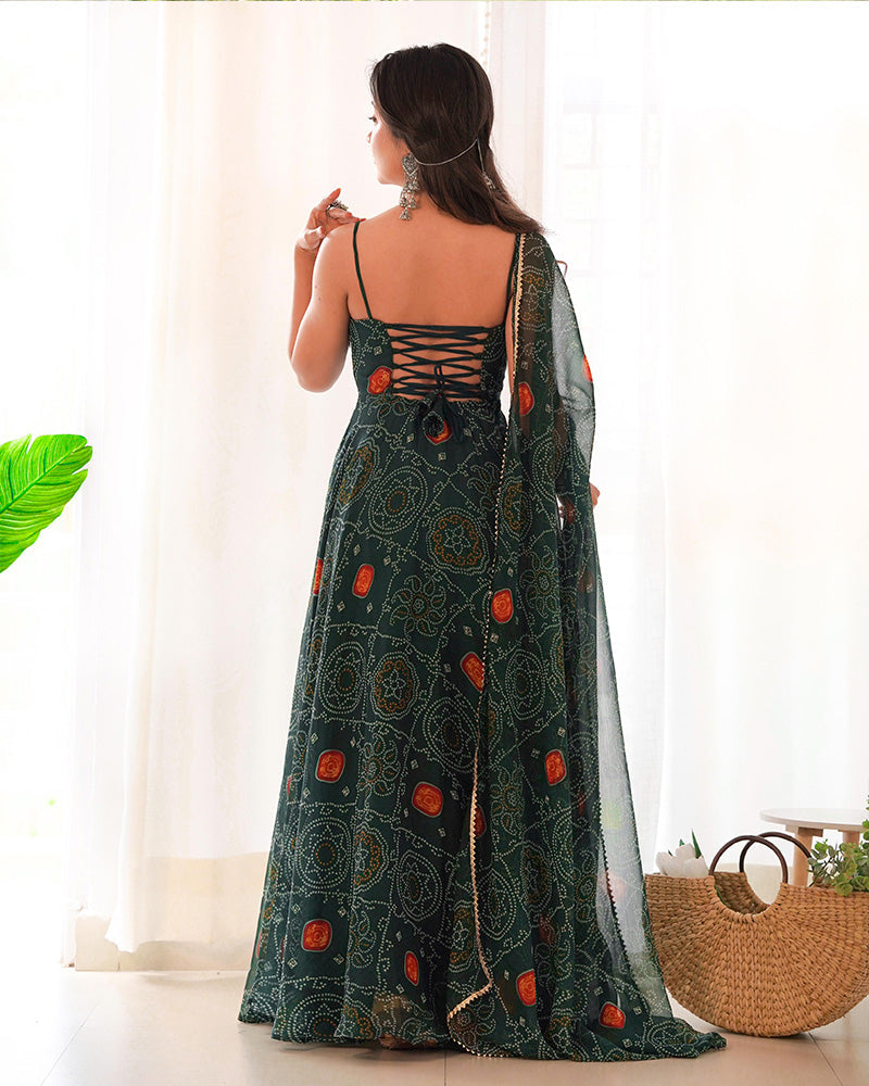 Womenline Floral Dark Green Color Bandhani Print Soft Chiffon Anarkali Gown