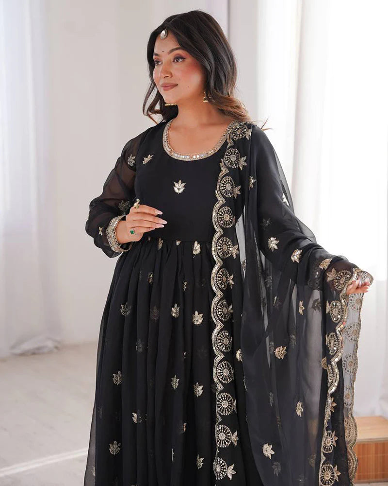 Womenline Black Color Georgette Sequence Embroidered Anarkali Suit